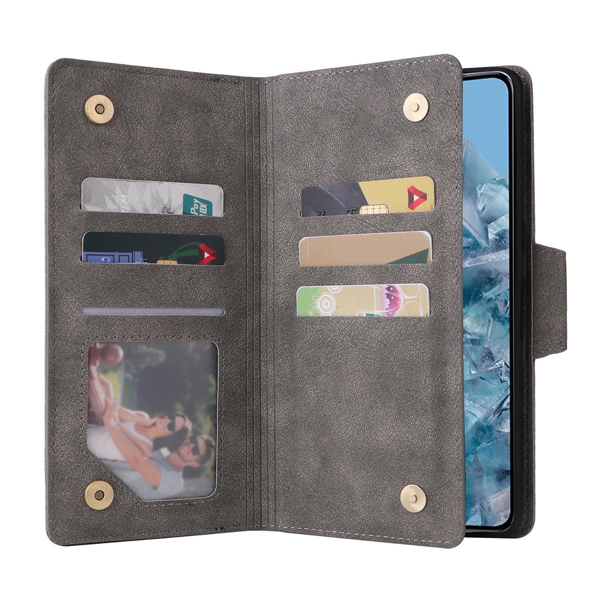 

For Google Pixel 8a Case PU Leather Flip Phone Cover with 9 Card Slots Grey