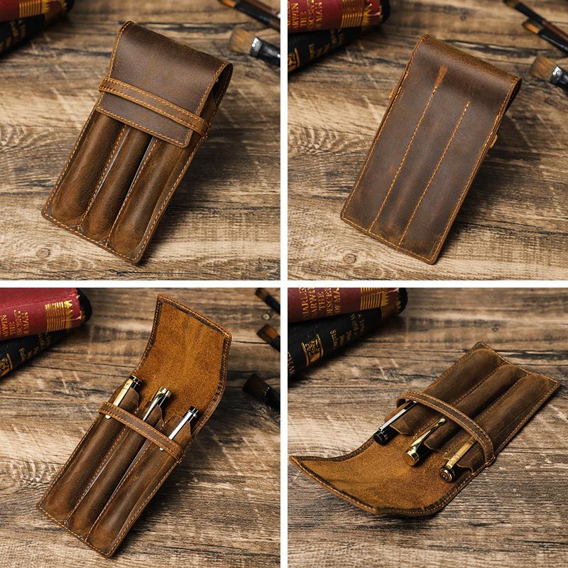 1 Retro Crazy Horse Leather Pencil Case, 2 Pcs, 3 Pcs, Handmade, Personalized and Creative Student Pen Case.