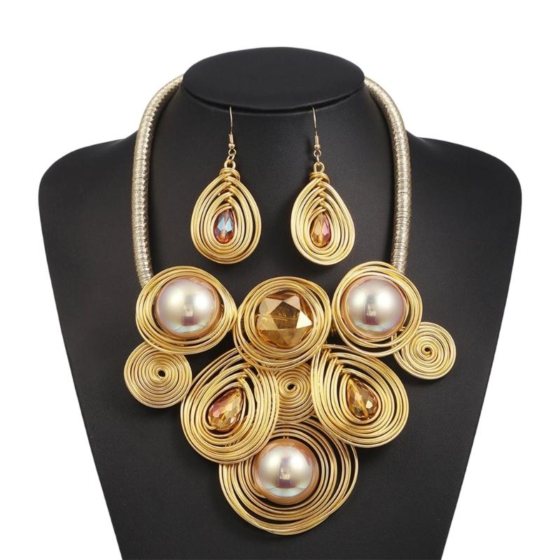 Statement Jewelry Set with Flower Cluster Design, Faux Bead Look Necklace and Matching Earrings for Outfit Styling