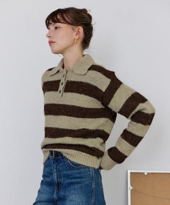 ROIROI Striped Polo Knit - Khaki Brown