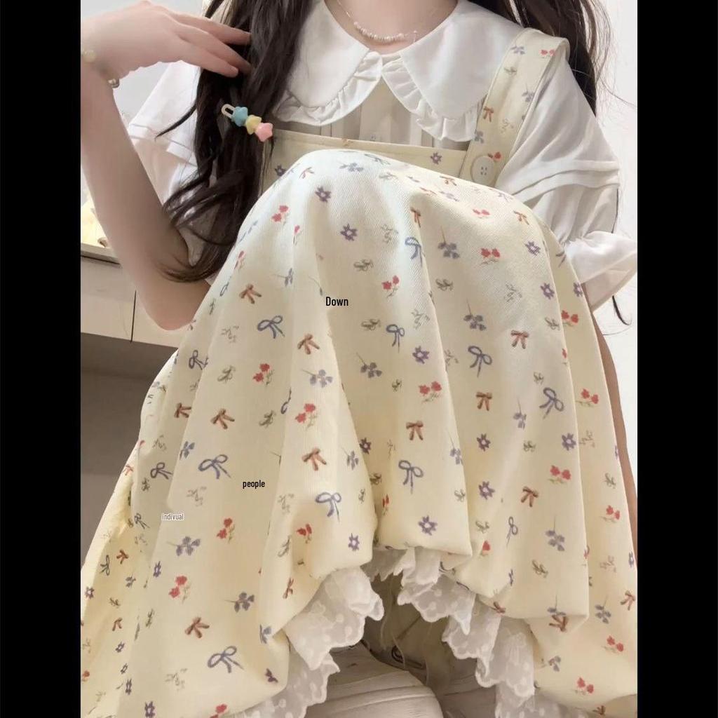 Summer Sweet Floral Suspender Dress & White Collared Shirt Set for Students