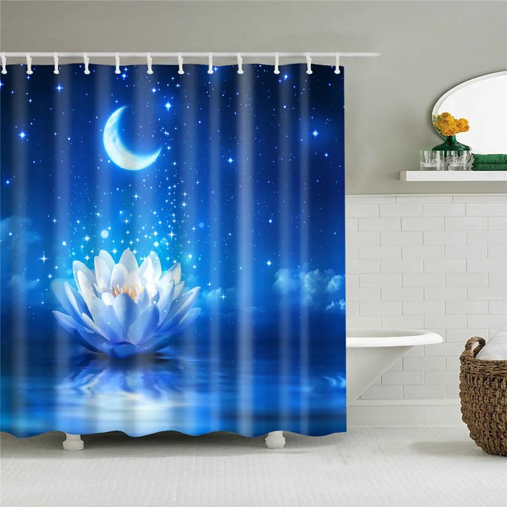 Waterproof Conch Starfish Blue Sea Beach Printing Bathroom Shower Curtains English Letter Bath Screen Door Curtain With Hooks
