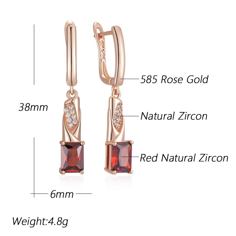 Shiny Square Red Natural Zircon Dangle Earrings For Women  Rose Gold Color High Quality Daily Fine Vintage Jewelry