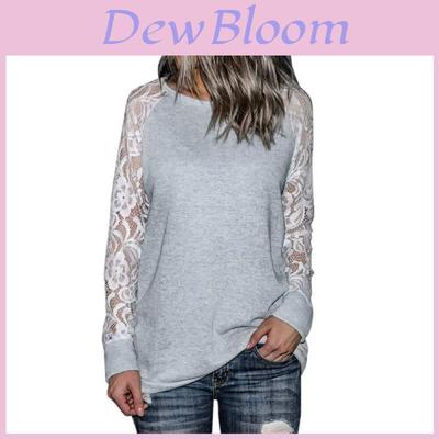 Trim Lace Grey Crew Neck Fitted Tshirt Blended Fabric Hoodie Women Sleeve Long
