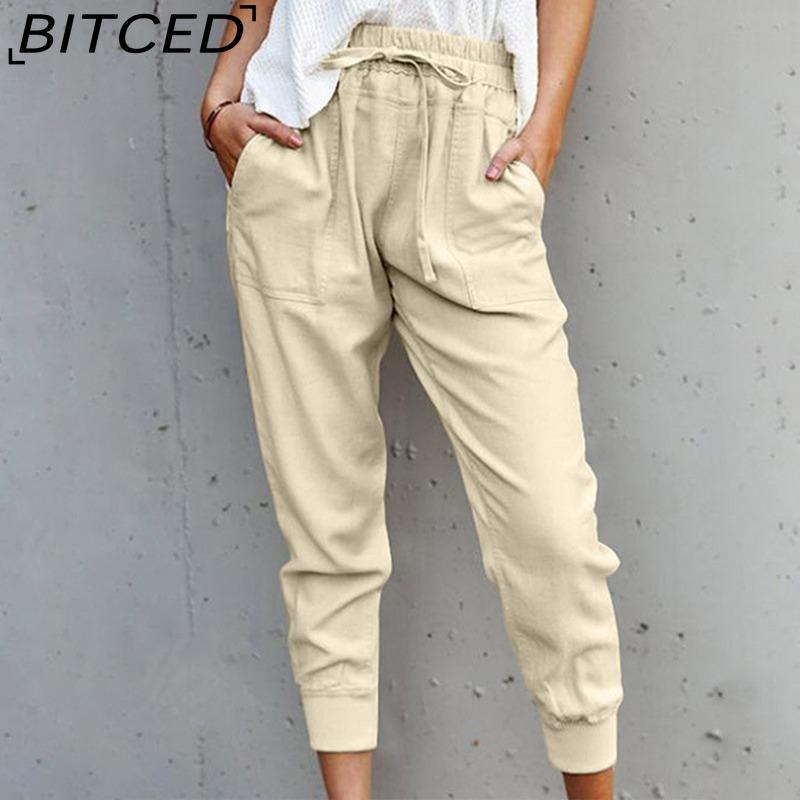 BITCED Summer Women Loose Plus Size Solid Color Simple Lace Up Slim Casual Nine Point Slimming Trousers