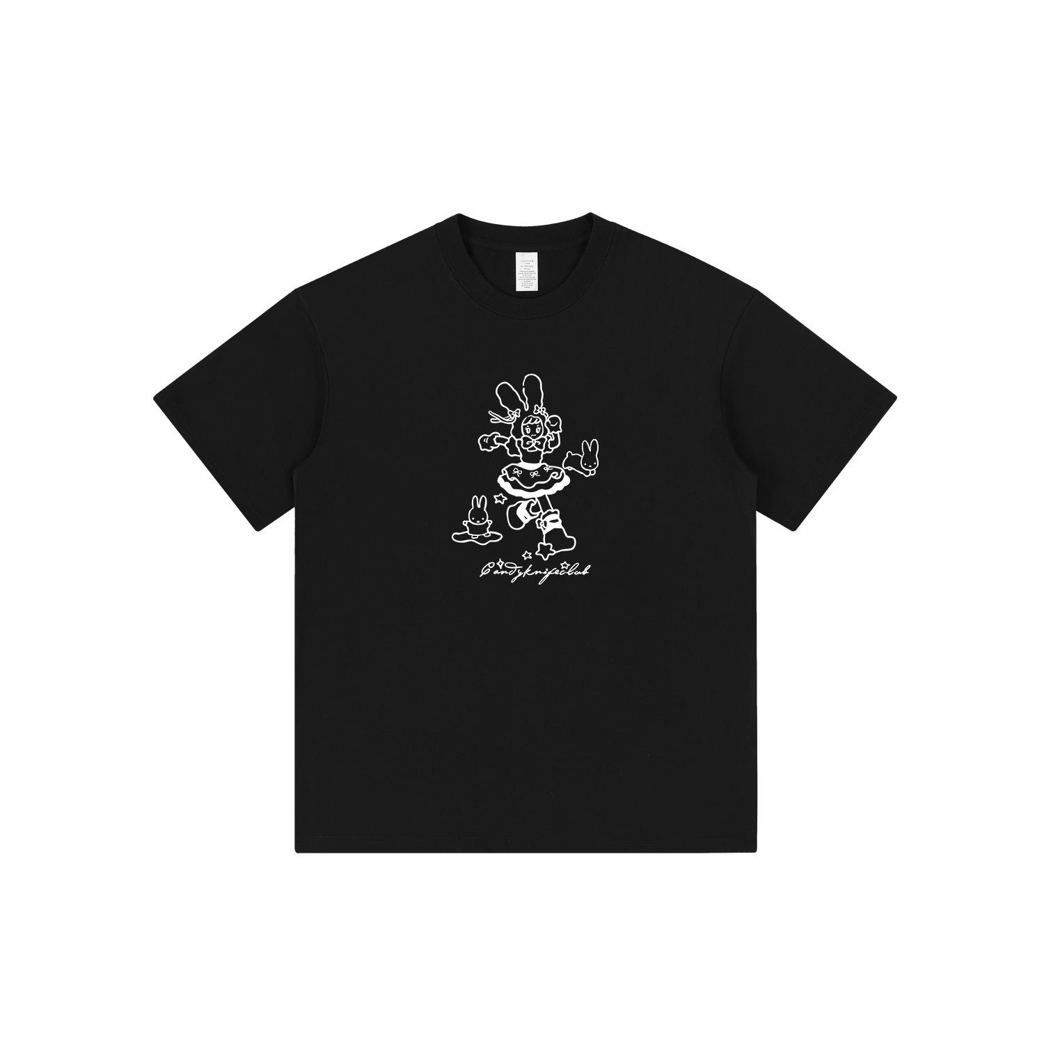 

Unisex Black Rabbit Print Short Sleeve Round Neck T-shirt L чорний