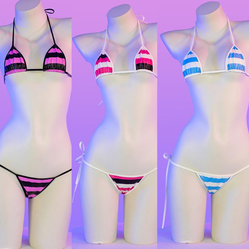 

Women s Sexy Patent Leather Striped Bikini Lingerie Set C2114 One Size фіолетовий/чорний