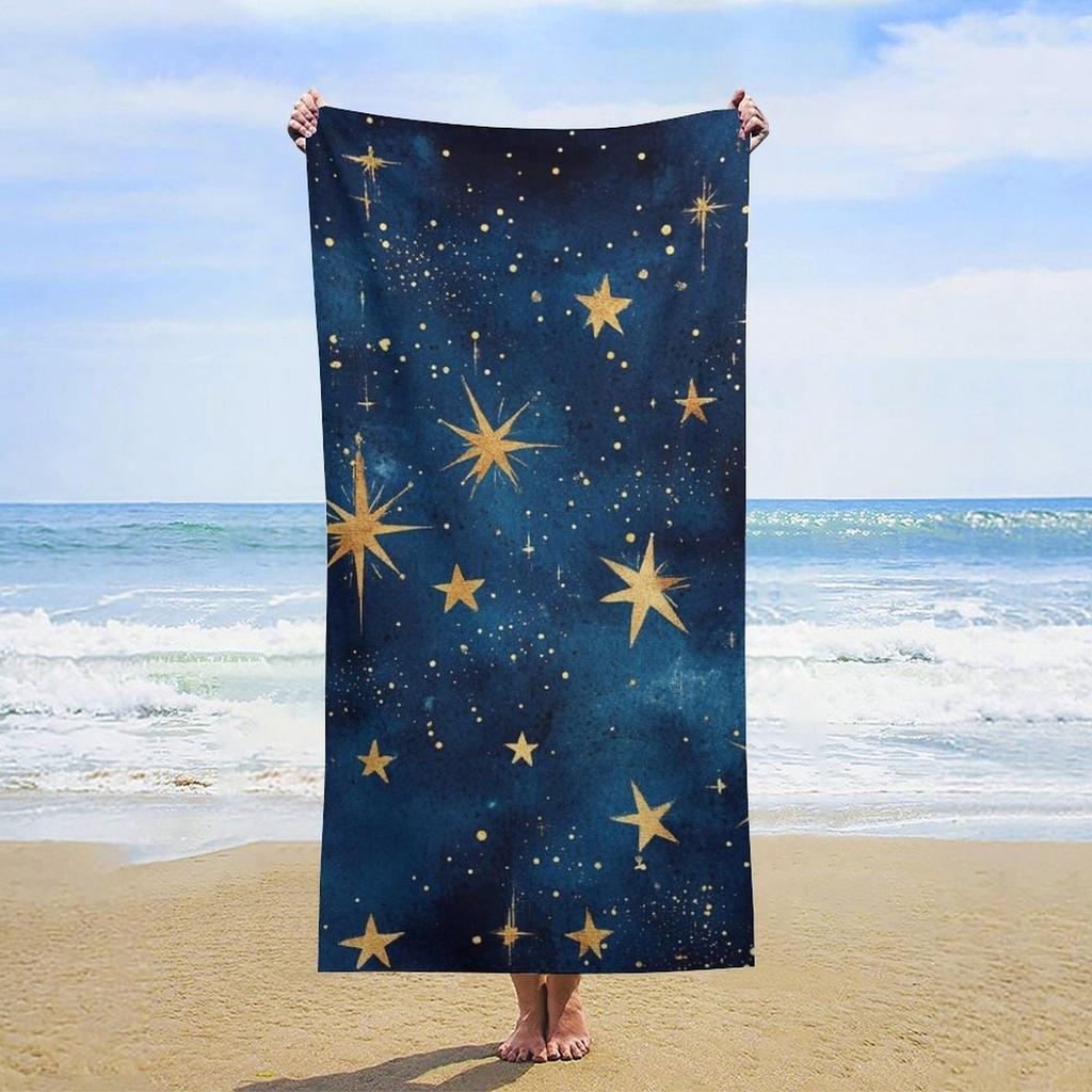 Starry Night Sky Beach Towel Large,Super Absorbent Quick-Dry Microfiber Bath Towel with Golden Stars Moon Design,Perfect Summer