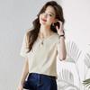 T-shirt corta tinta unita con trafori, manica corta, lunghezza spalle, estate, nuovo, versatile, moda, scollo a V, top