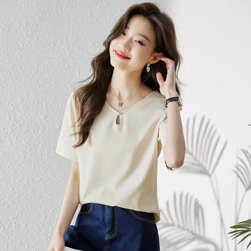 T-shirt corta tinta unita con trafori, manica corta, lunghezza spalle, estate, nuovo, versatile, moda, scollo a V, top