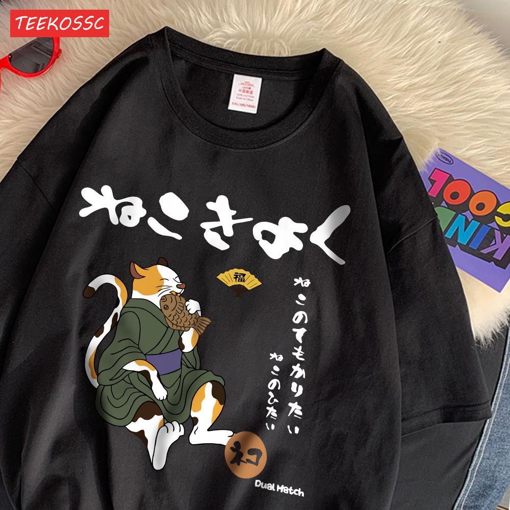 Casual Cotton WomenS TShirts Japanese Retro Fun Cats Printing Tees ONeck Loose Soft Short Sleeve Summer Street Female Clothes