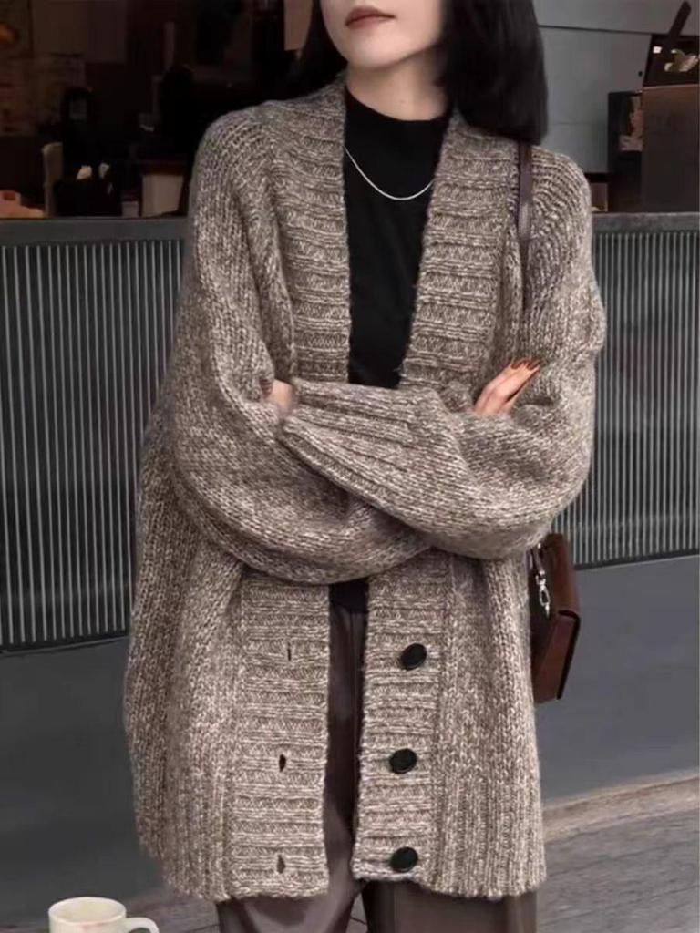 Autumn/Winter 2025 Women's Mid-length V-neck 100% Wool Cashmere Cardigan Sweater