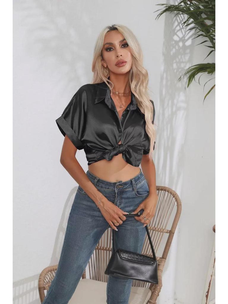 2025 Women's European & American Short-Sleeve Satin Button-Down Shirt - Casual Loose Fit