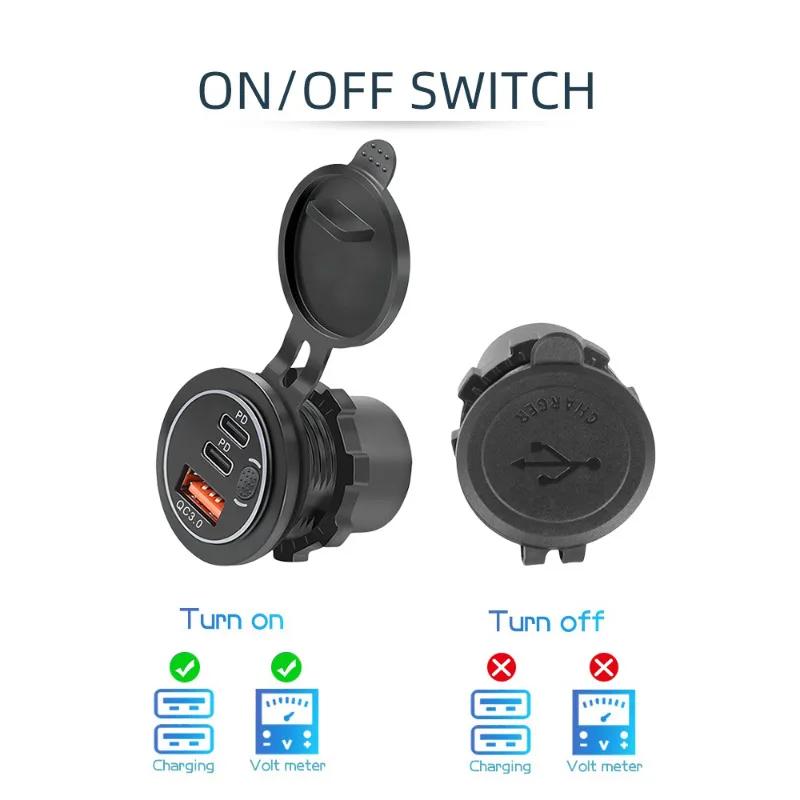 USB C Car Charger Socket 12V USB Outlet 58W RV USB Outlet Dual PD USB-C QC3.0 Car USB Port with Button Switch for Car RV Boat