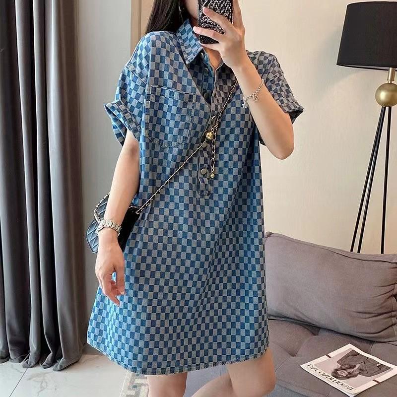 Plus-Size Women's Blue Denim T-Shirt Dress - Loose, Medium Long, Short-Sleeve, Summer Style.