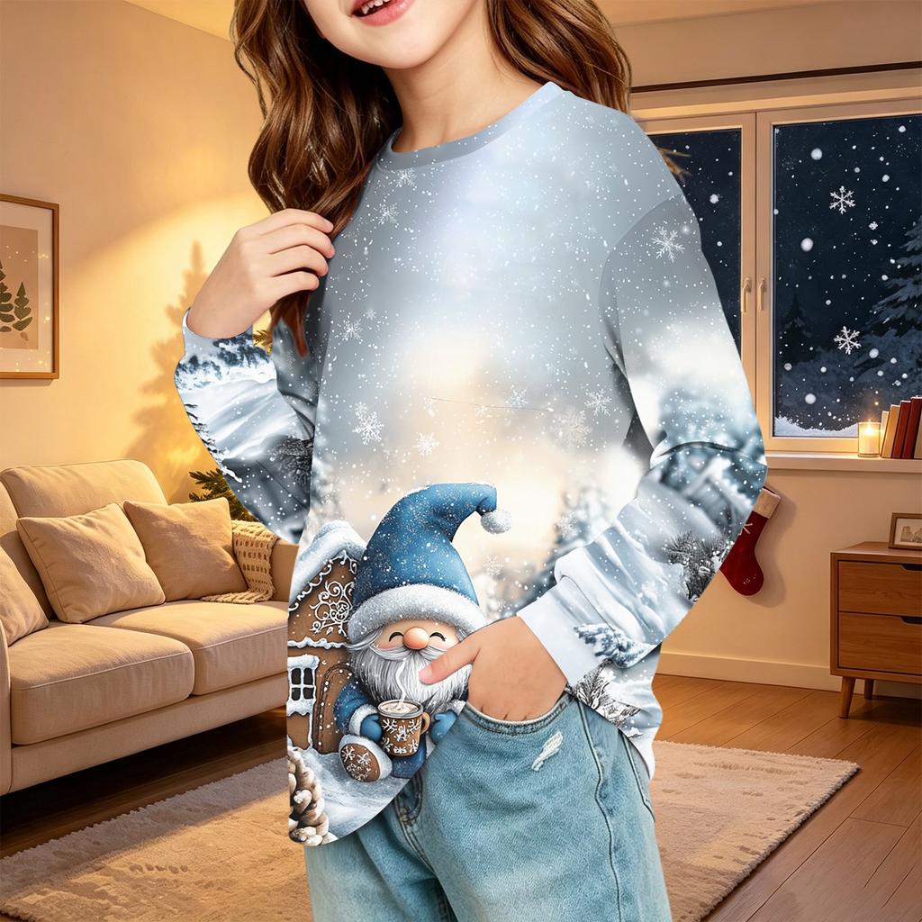Children's Christmas Print Long Sleeve Neck Shirt with Pocket for Boys and Girls