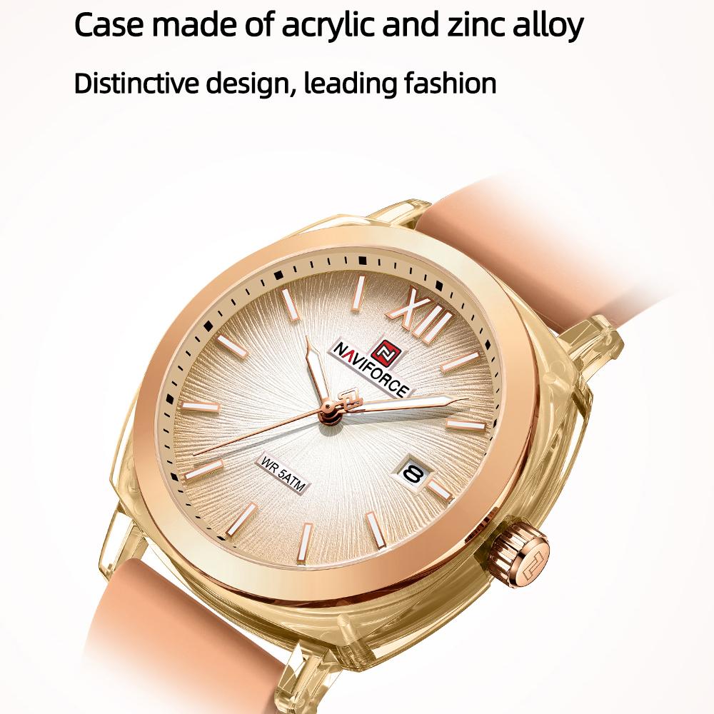 NAVIFORCE Original Calendar Watch for Women Quartz Movement Round Dial Luminous Hands Waterproof Silicone Strap Lady Light Watch NF6111