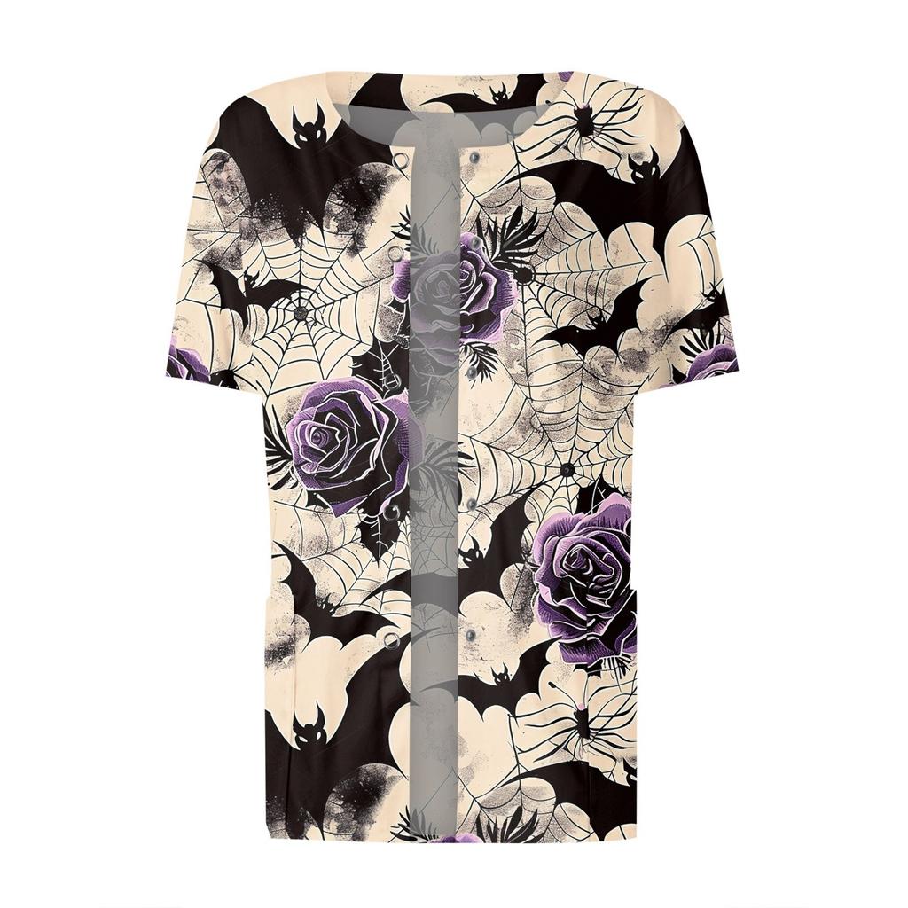 Women's Short Sleeved Patterned Pockets, Work Print Stand Up Collar, Single Breasted Protective Clothing, Cardigan Jacket, Top