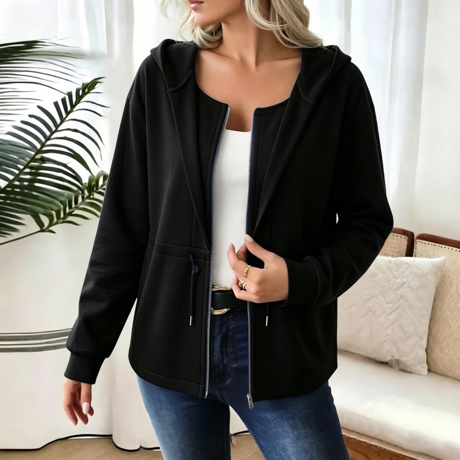Women s Casual Zip-Up Hoodie Sweatshirt with Pockets L