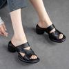 Johnature Hollow Out Breathable High Heel Slippers Genuine Leather Peep Toe Casual Slides Versatile Women Shoes