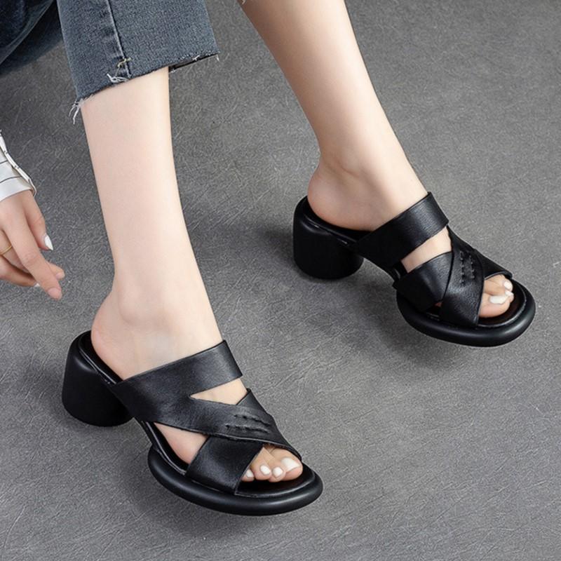 Johnature Hollow Out Breathable High Heel Slippers Genuine Leather Peep Toe Casual Slides Versatile Women Shoes