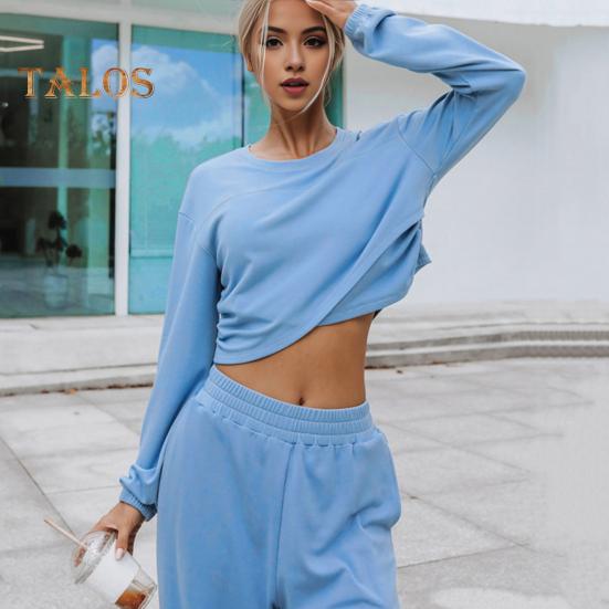 2 stk/sett Dame Topp Buksesett Rund Hals Langermet Uregelmessig Krysskant Genser Ensfarget Elastisk Høy midje Vide ben Bukser Sport Fitness