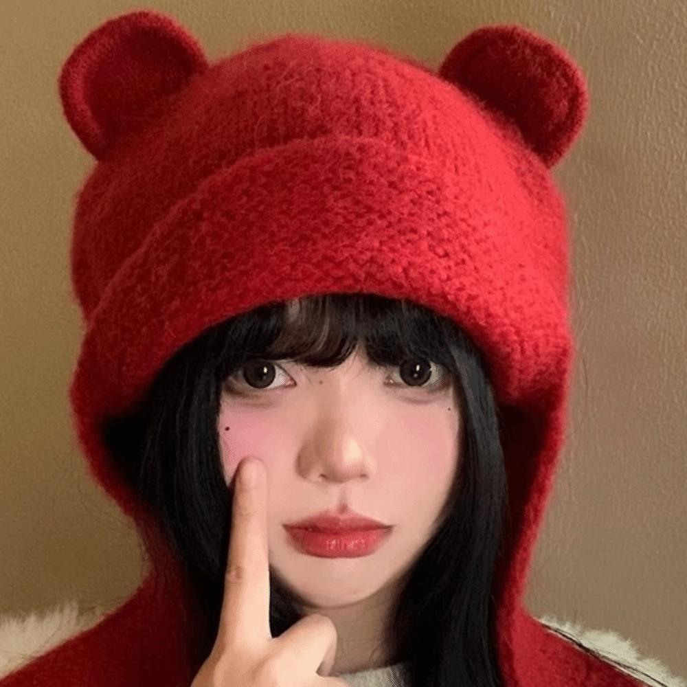 Cute Warm Beanie Hats Y2k Ear Protection Cap Korean Bear Ear Knitted Cap  Outdoor