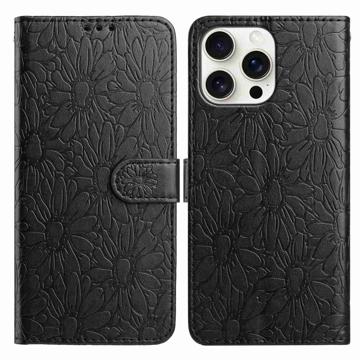

For iPhone 15 Pro Leather Case Daisy Imprint Wallet Stand Phone Protective Cover Black