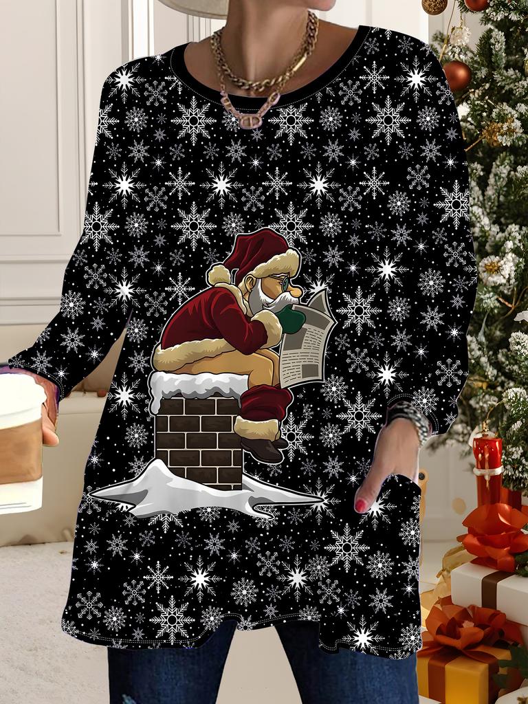 2025 Autumn Winter New Plus Size Women's Tops, Christmas 3D Print Fashion Crew Neck Long Sleeve T-Shirts