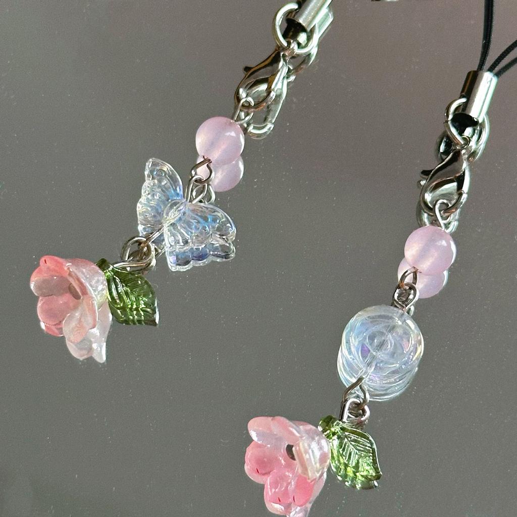 Handgefertigte Perlen-Handykette Blume und Schmetterling Handy-Anhänger Bunter Schlüsselanhänger-Anhänger Handy-Anhänger Zubehör