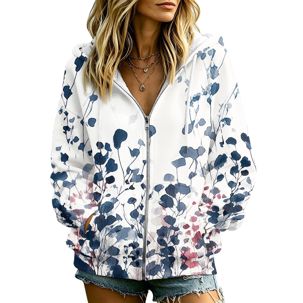 Women's Floral Print Casual Hooded Long Sleeve Jacket with and Pockets