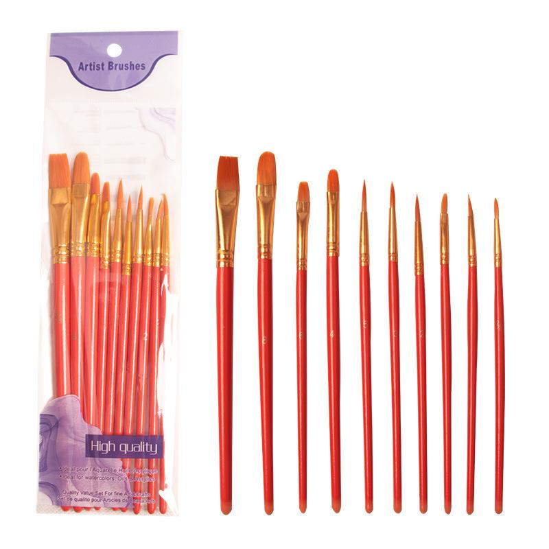 Nylon Gouache & Oil Painting Brush Set - 10 Pcs Flat Brushes with Red & Blue Handles