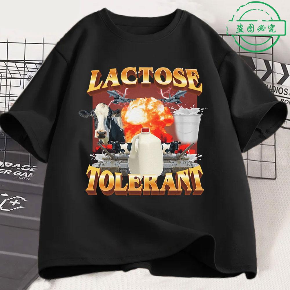 T-shirt Chat Drôle Intolérant au Lactose Unisexe Femme Mode Rétro Manches Courtes Coton Décontracté Confortable Oversize