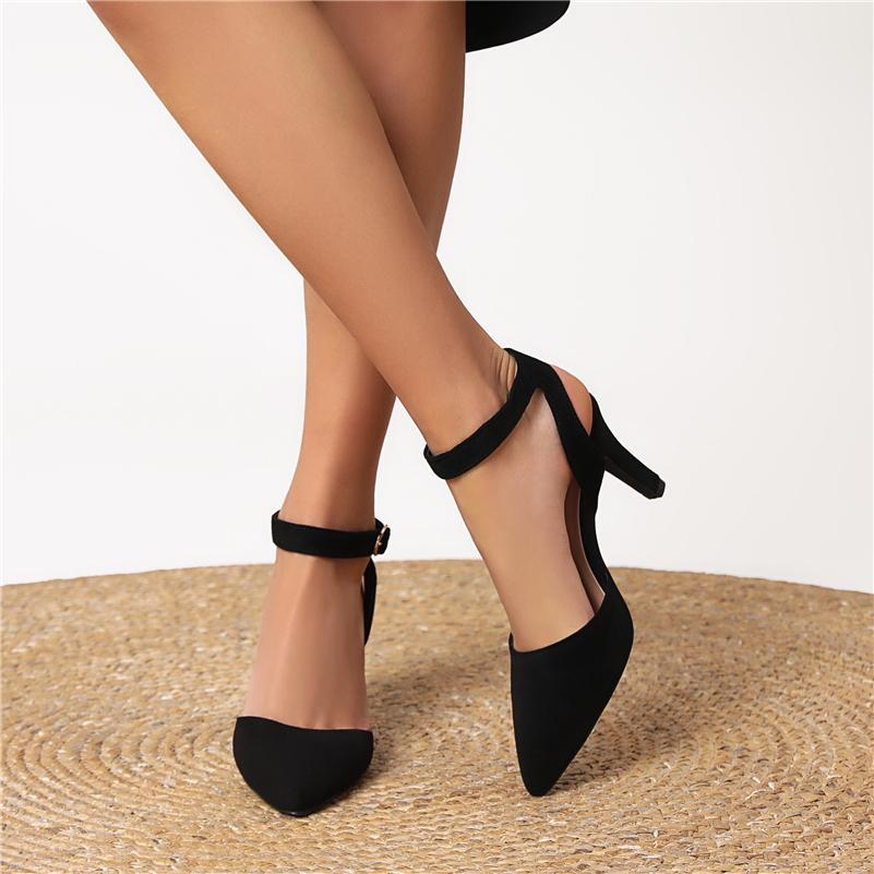 FOREADA Women Ankle Strap Pumps Pointed Toe Thin High Heels Buckle Glove Shoes Ladies Fashion Shoes Spring Autumn Blue Black 43