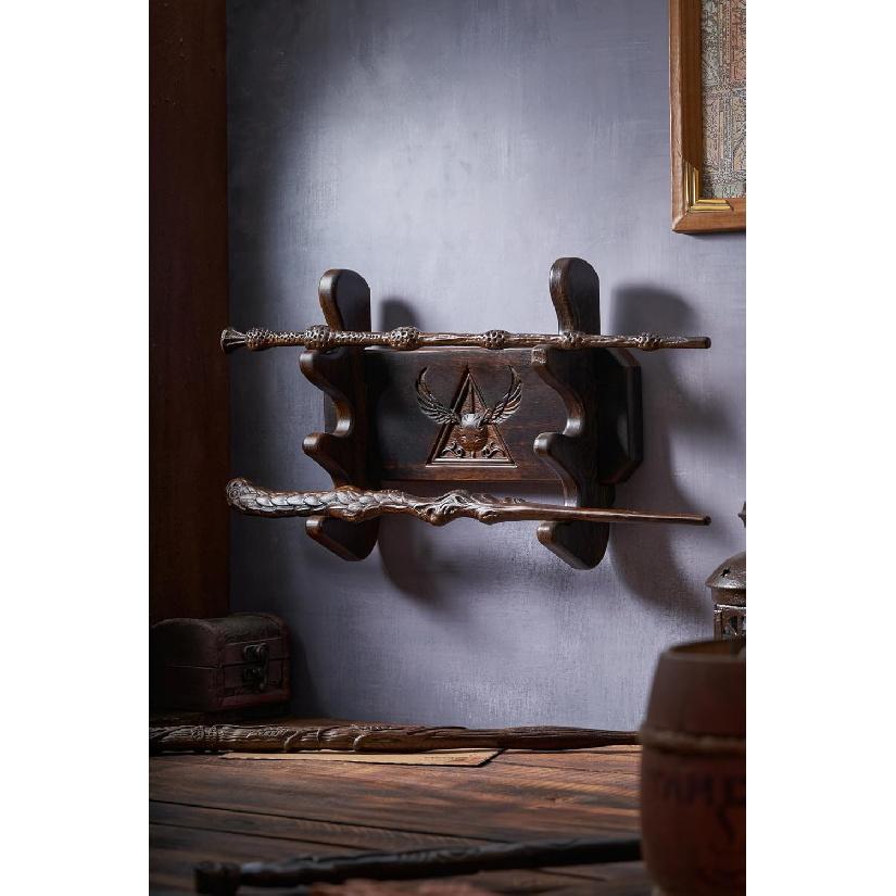 Handicraftviet Wand Display Stand Wall Mount, Handmade Carved Wooden Holder Wands 3 Tiered for Collection, Black (3 slot wand stand)