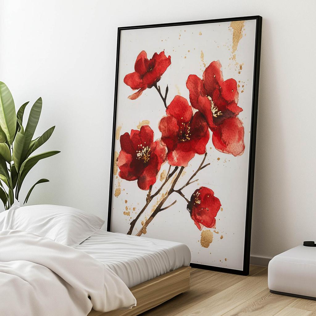 Czerwone Kwiaty - Minimalistyczny Plakat Czerwone Kwiaty - Minimalistyczny Plakat, 30X40 Cm, Rama Drewniana Ciemny Brąz, Papier Matowy 230 Gsm