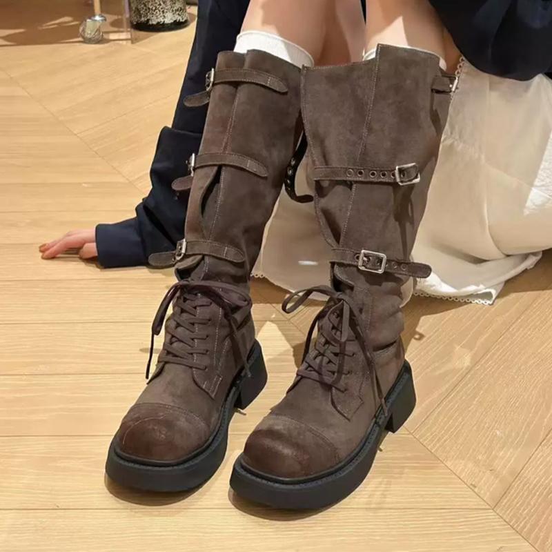 Fashion High Boots Women Winter Designer Shoes Flats Lace Up Fashion Knee High Boots 2025 New Cozy Dress Goth Chelsea Botas Mujerzapatos