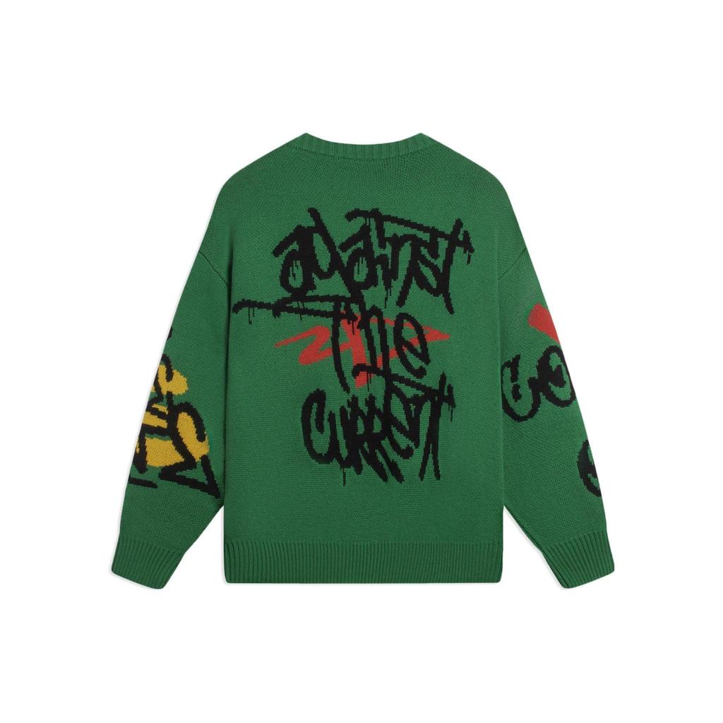 Li-Ning Cf Mars Letter Jacquard Graffiti Effect Crew Neck Long Sleeve Sweater Unisex Sweater Leaf-Green AMBS187-2