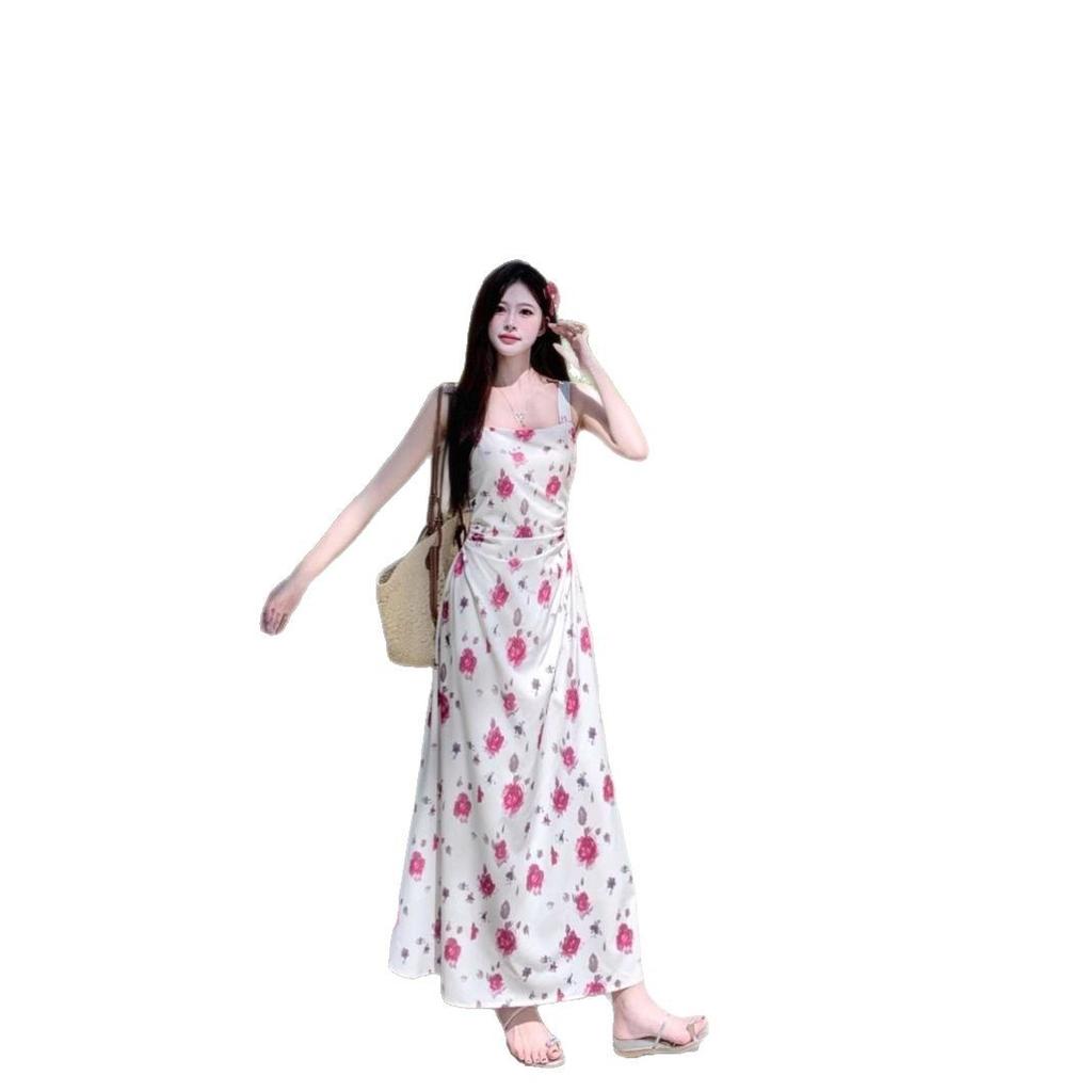 French Pure Desire Coffee Break Floral Suspender Dress Women's Summer Waist Super Fairy Seaside Vacation Temperament Long Dress Tide