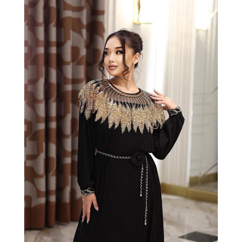 Vintage Court Style Autumn Heavy Industry Sequined Embroidered Long Pleated Bubble Sleeve Dress Women's Pleated Skirt