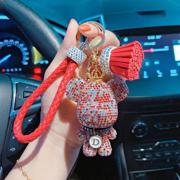 Car Studded Bear Key Chain Car Key Pendant Ladies Diamond Leather Rope Pendant Fashion Bag Pendant Online Celebrity Gift.