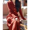 Elegant Thickened Red Knit Lapel Dress for Winter, Ideal for Pear-Shaped Figures, Red Tea Style, Layered Under Coats