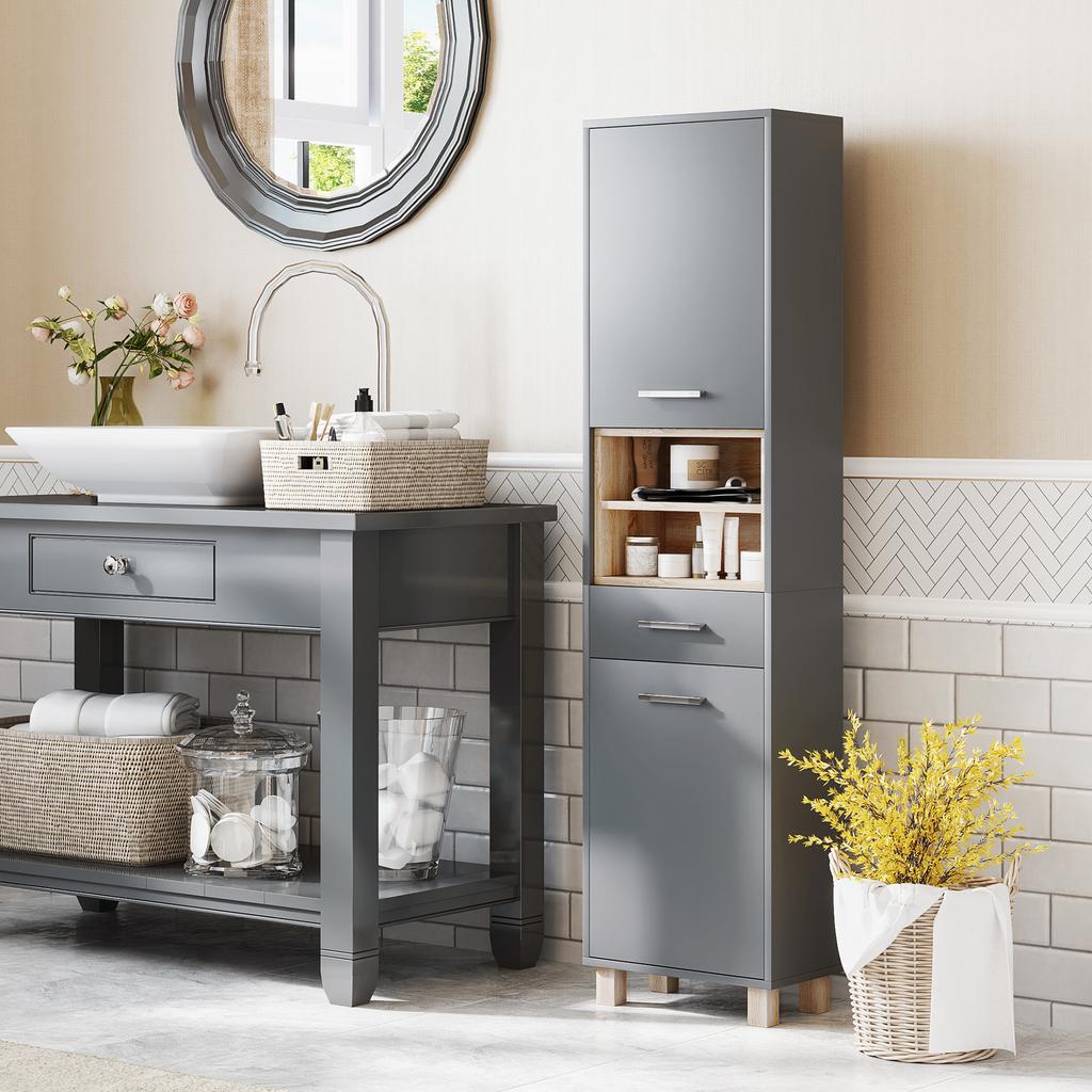 Bathroom Storage Cabinet with 2 Cupboards, Drawer, Open Compartments, Grey