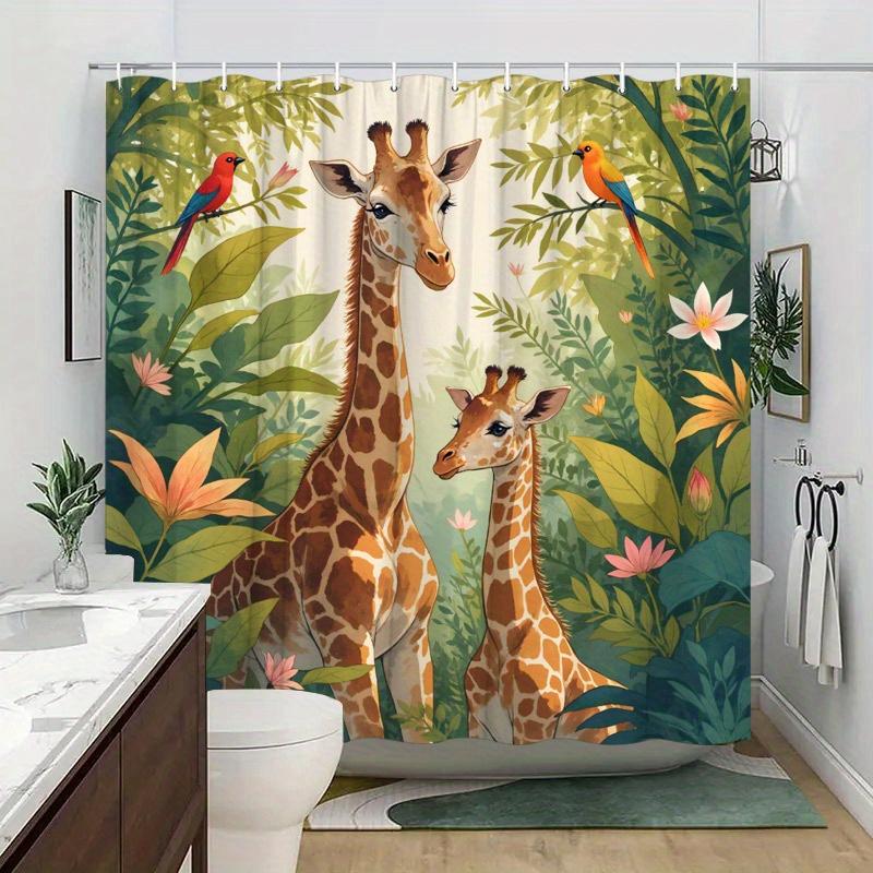 Giraffes in Jungle Scene Shower Curtain, Vibrant Wildlife Design, Lush Greenery and Exotic Flowers