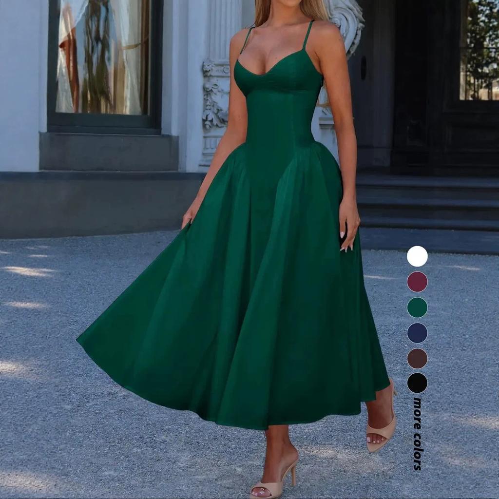 New Pure Desire French First Love Temperament Coffee Break Straps Pleated Waist Solid Color Suspender Dress
