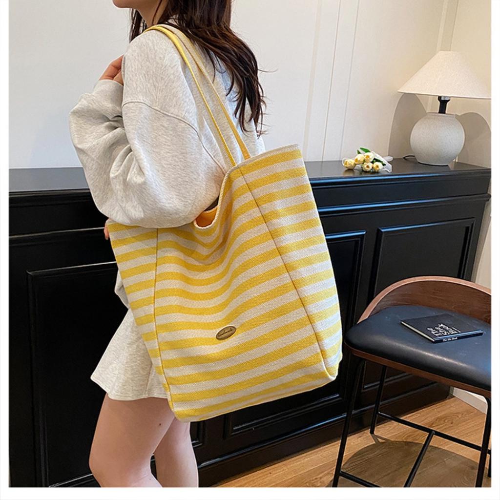 Striped Canvas Double-sided Usable Bag, Tote Bag, Casual Shoulder Bag, Large Capacity Shopping Bag