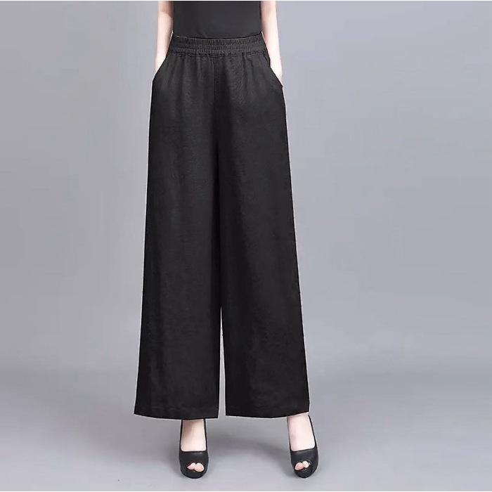 

Women s 2025 Summer Cotton Linen Wide-Leg Pants - Simple, Casual, Thin, Loose, Elastic High Waist M - fits 80-100 jin чёрный