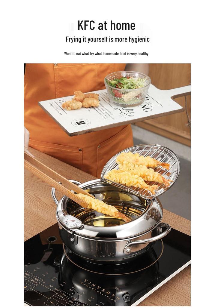 304 Stainless Steel Tempura Frying Pot with Double-Bottom, Oil-Saving, Temperature Control, and Thermometer for Gas and Induction Cookers