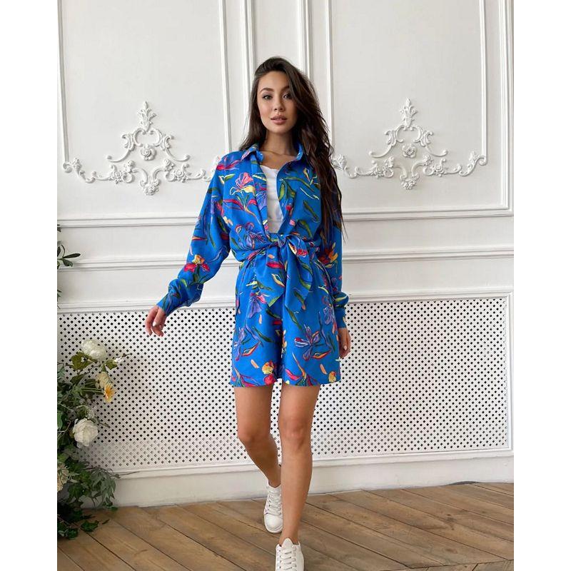 European and American Style Women's Spring and Autumn Casual Printed Long Sleeve Shirt and Shorts Two-Piece Set