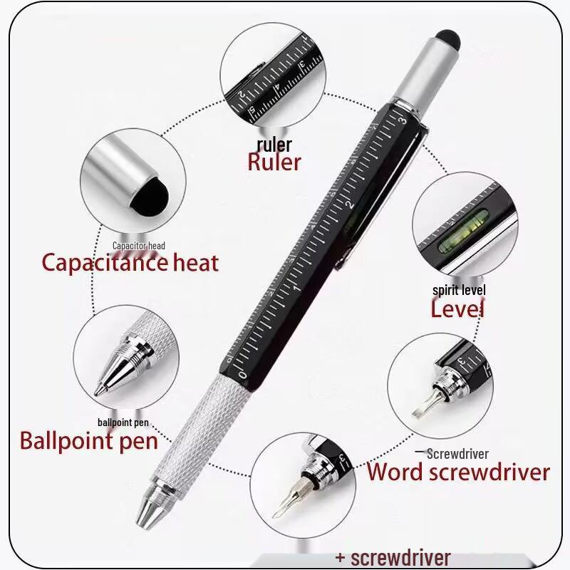 Multifunktionaler 6-in-1 Metall-Werkzeugstift mit Wasserwaage, Lineal, Stylus, Schraubendreher und Kugelschreiber – Kundenspezifisches Logo verfügbar.